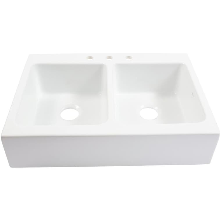 33.85" x 24.25" x 9" Parker Fireclay Double Bowl Drop-In Farmhouse Kitchen Sink - Crisp White