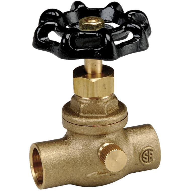 1/2" Copper Straight Stop Valve - with Drain + Black Handle
