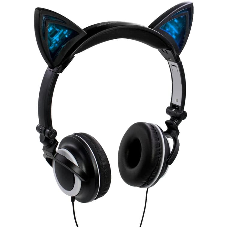 Feline Cat Ear Premium Headphones - with LED Accent Lights, Black
