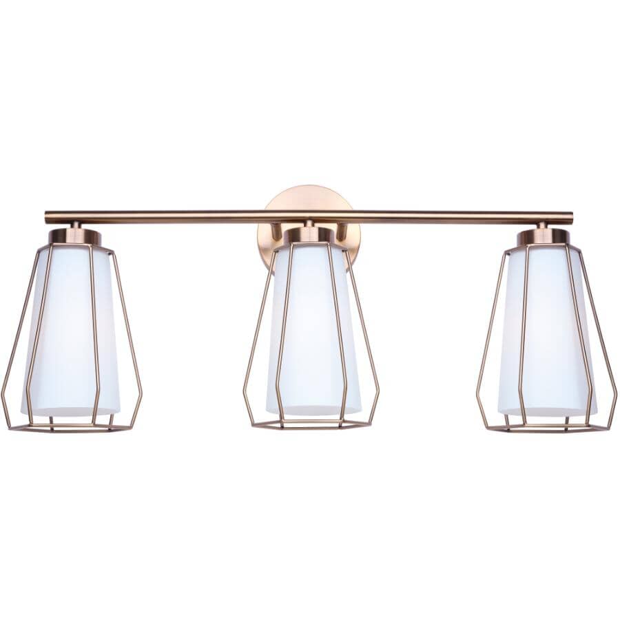 SCOTT MCGILLIVRAY:Newport 3 Light Vanity Light Fixture - Gold with Flat Opal Glass & Diffuser