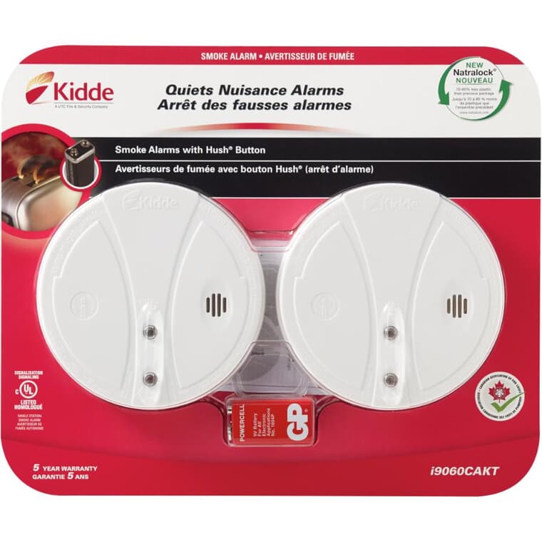 2 Pack Battery Operated Smoke Detectors, with Hush Buttons