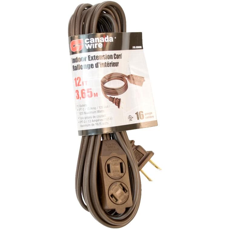 3 Outlet Indoor Extension Cord - Brown, 12'