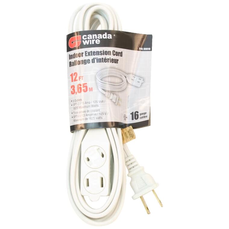 3 Outlet Indoor Extension Cord - White, 12'