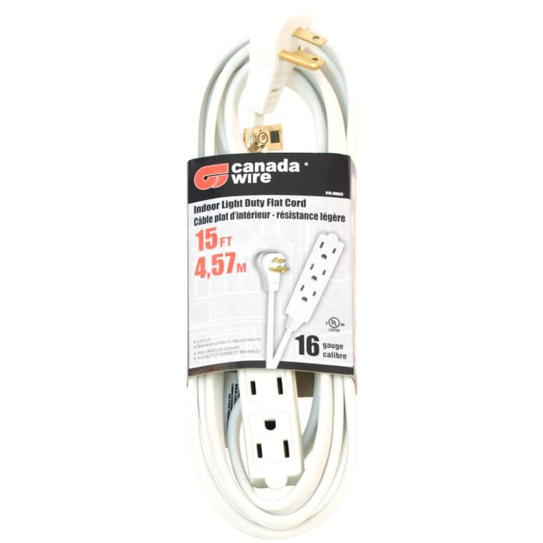 3 Outlet Flat Plug Indoor Extension Cord - White, 15'