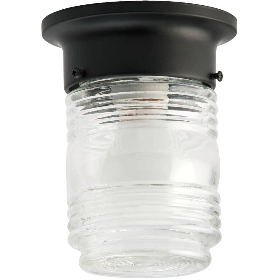 GALAXY:Outdoor Flushmount Ceiling Light Fixture - Black with Clear Jam Jar Glass, 5-3/4"