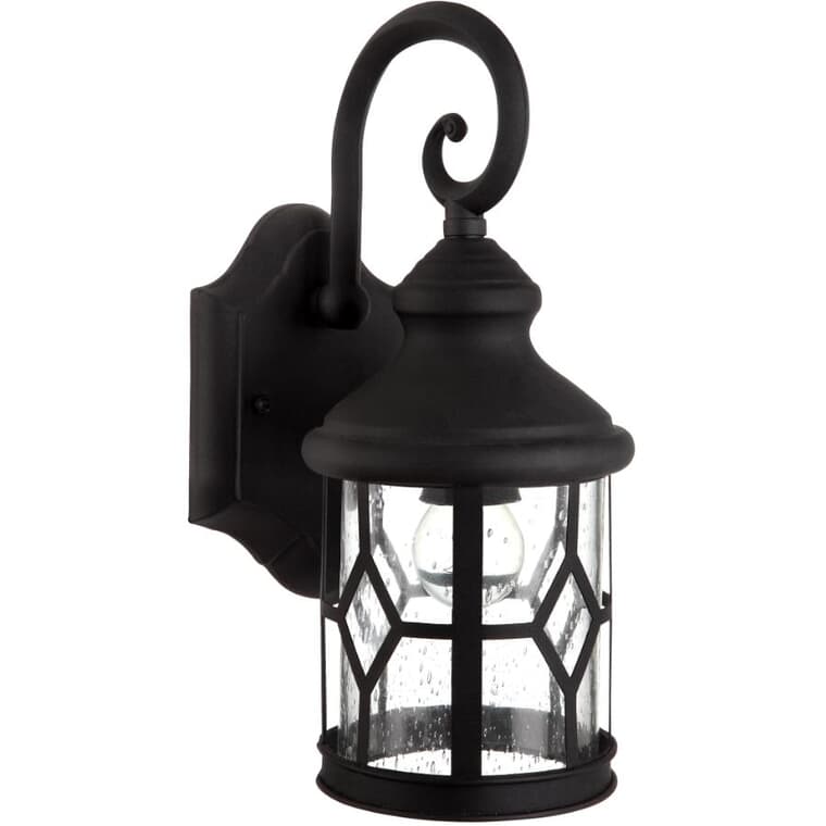 Outdoor Downward Coach Wall Light Fixture - Black with Seeded Glass, 13"