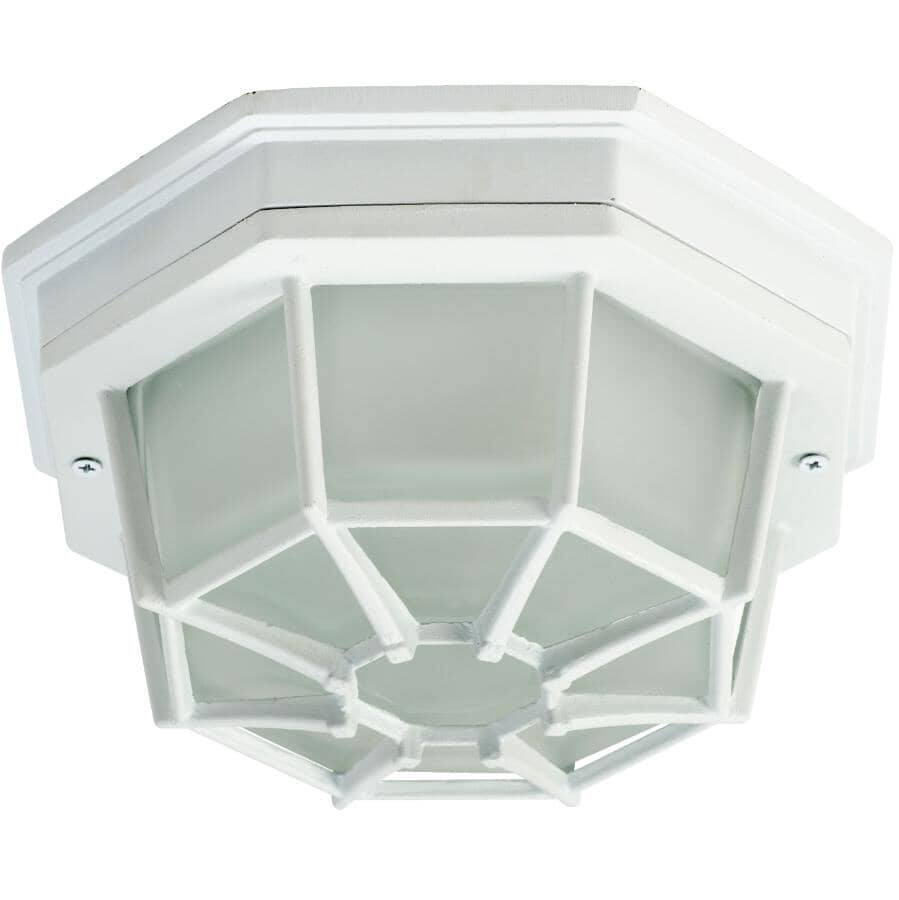 GALAXY:Outdoor Flushmount Ceiling Light Fixture - White with Frosted Glass, 8-1/2"