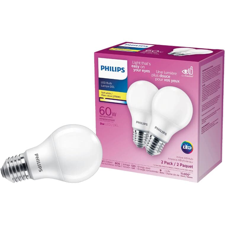 9W A19 Medium Base Soft White LED Light Bulbs - 2 Pack