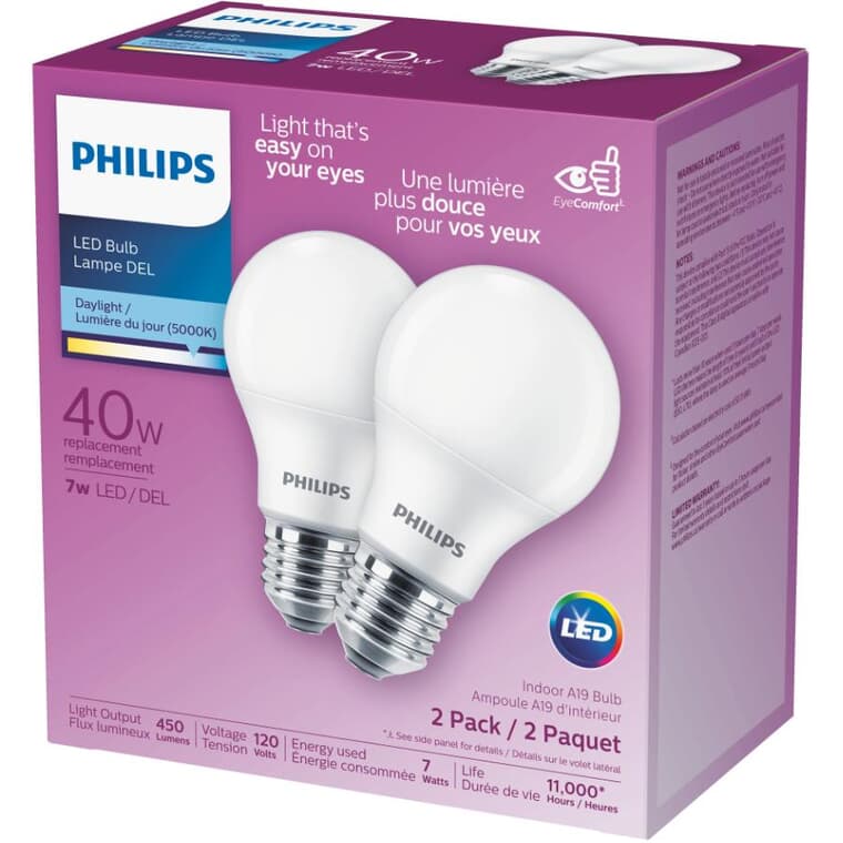7W A19 Medium Base Daylight LED Light Bulbs - 2 Pack