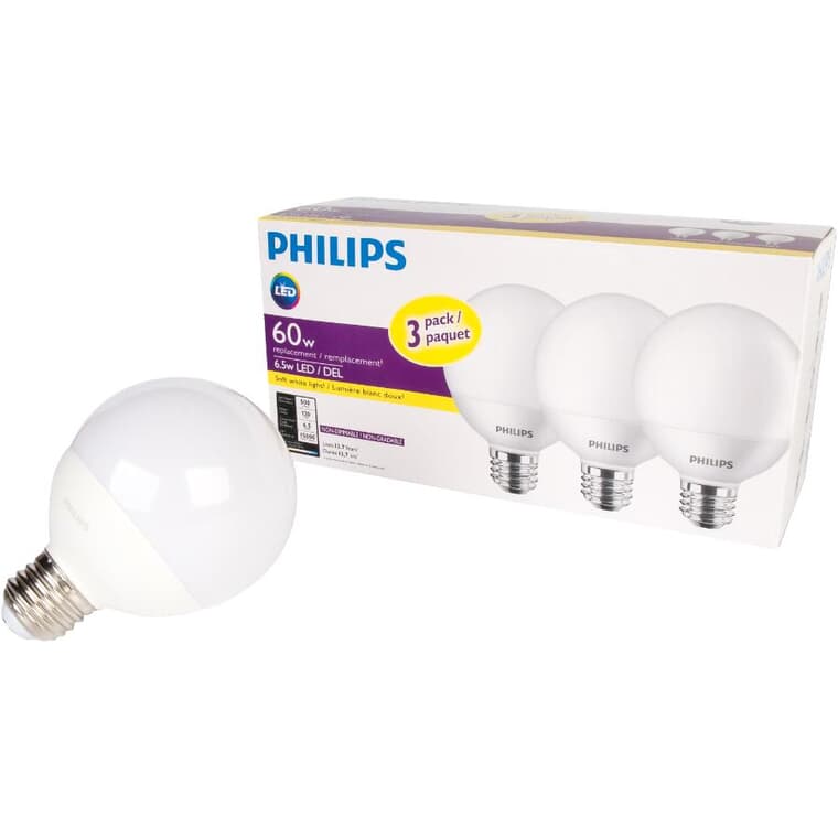 6.5W G25 Medium Base Soft White LED Light Bulbs - 3 Pack