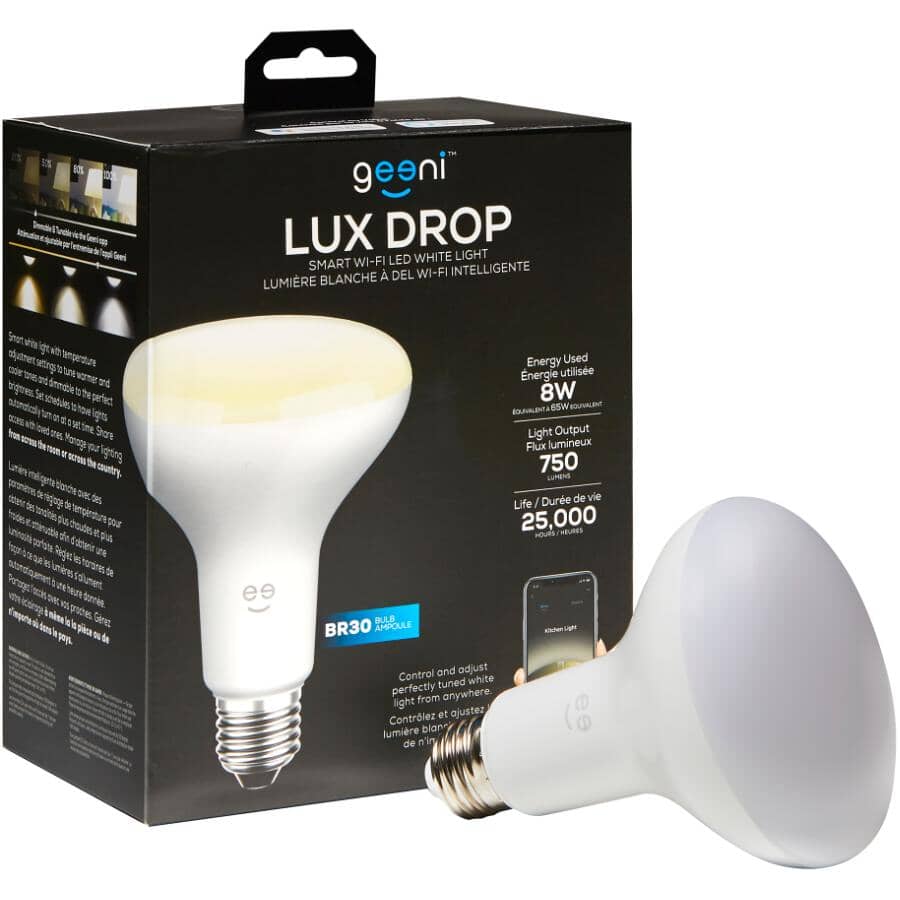 GEENI:8W BR30 Medium Base White Dimmable Lux Drop Smart LED Light Bulb