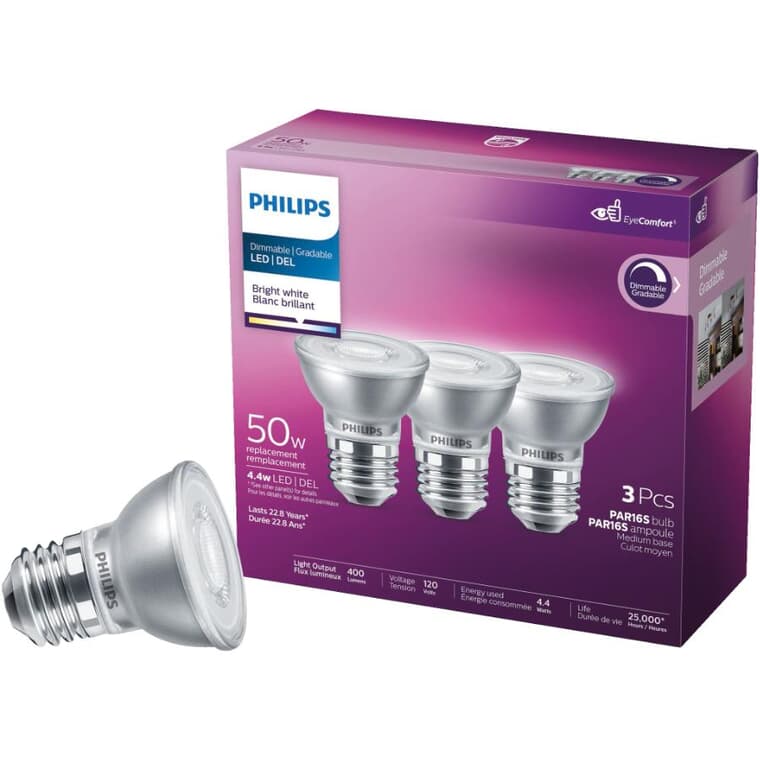 4.4W PAR16 Medium Base Bright White Dimmable LED Light Bulbs - 3 Pack