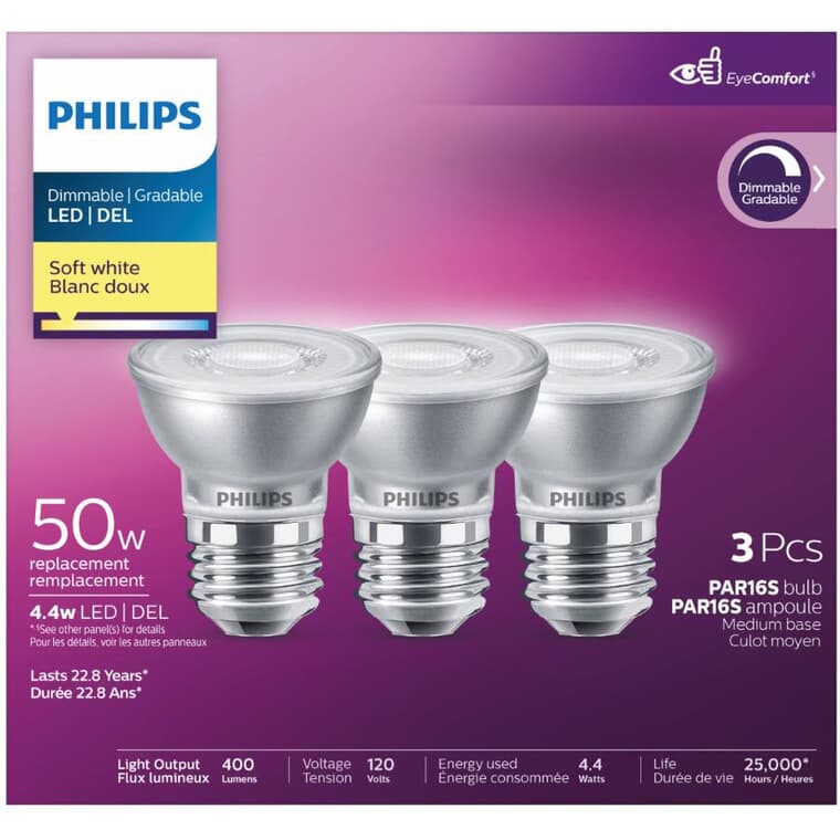 4.4W PAR16 Medium Base Soft White Dimmable LED Light Bulbs - 3 Pack