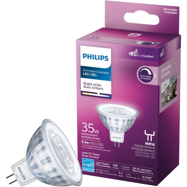 5.5W MR16 GU5.3 Base Bright White Dimmable LED Light Bulb