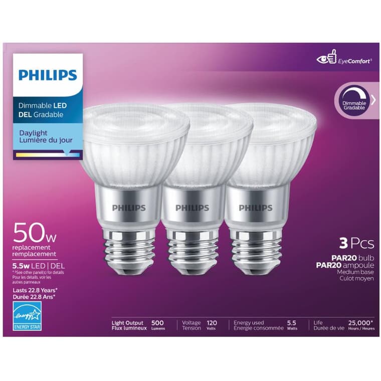 5.5W PAR20 Medium Base Daylight Dimmable LED Light Bulbs - 3 Pack