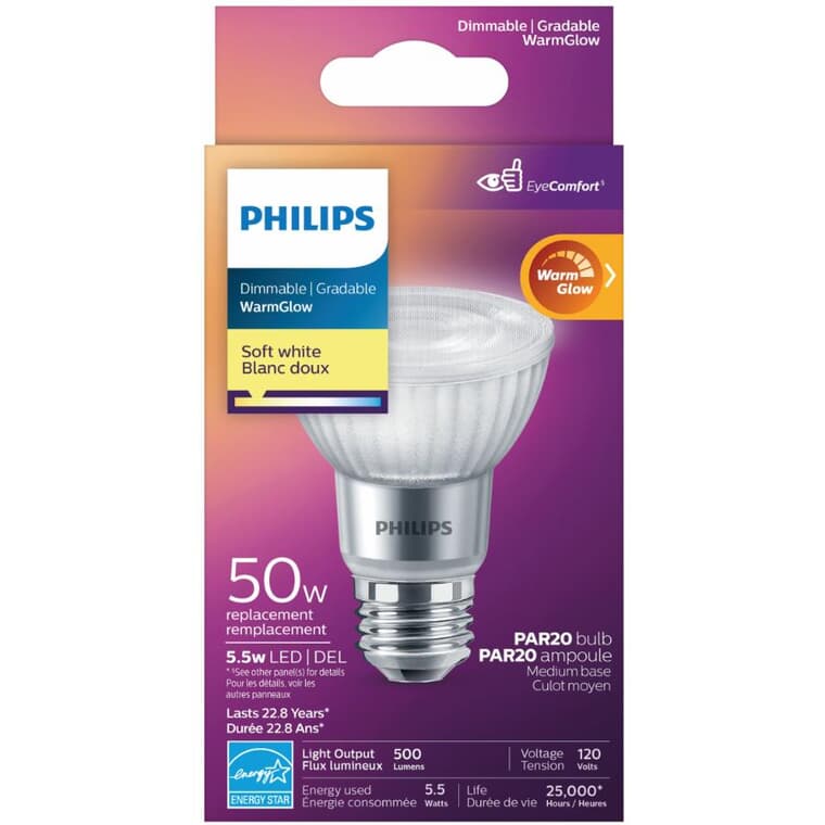 5.5W PAR20 Medium Base Soft White Warm Glow Dimmable LED Light Bulb