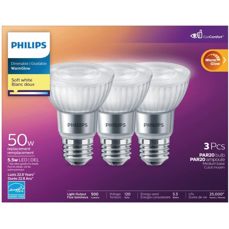 5.5W PAR20 Medium Base Soft White Warm Glow Dimmable LED Light Bulbs - 3 Pack