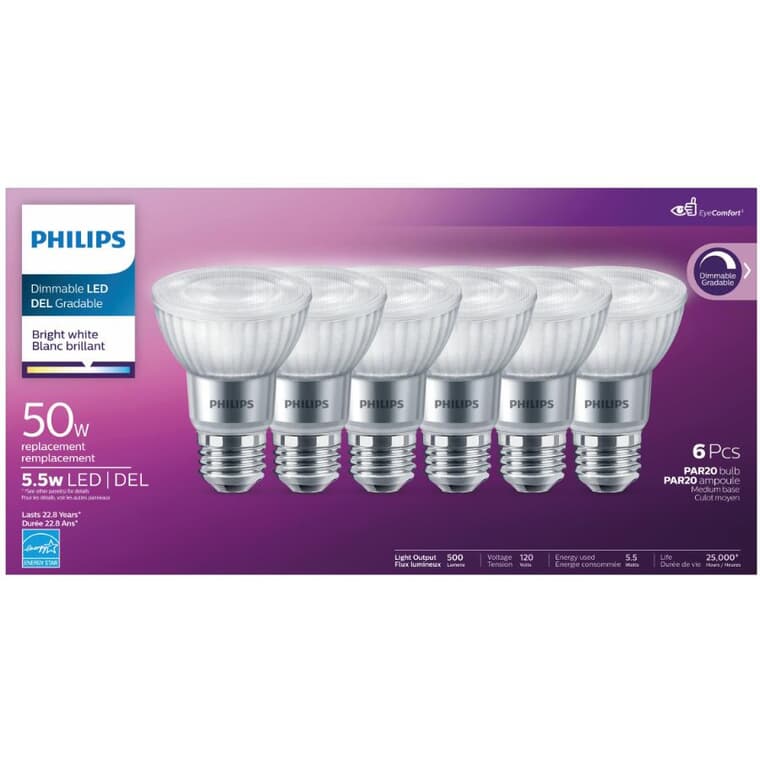 5.5W PAR20 Medium Base Bright White Dimmable LED Light Bulbs - 6 Pack