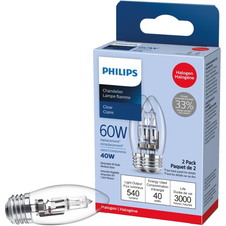40W B11 Medium Base Clear Dimmable Halogen Light Bulbs - 2 Pack