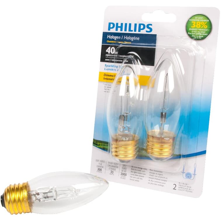 25W B11 Medium Base Clear Dimmable Halogen Light Bulbs - 2 Pack