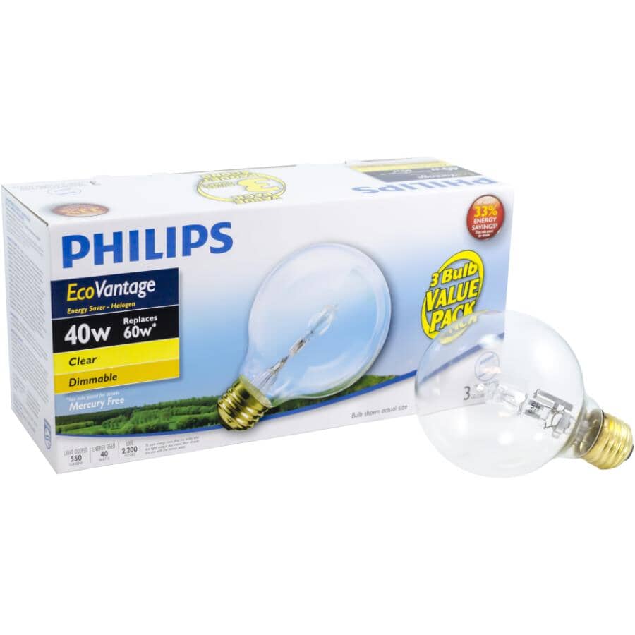 PHILIPS:40W G25 Medium Base Clear Dimmable Halogen Light Bulbs - 3 Pack