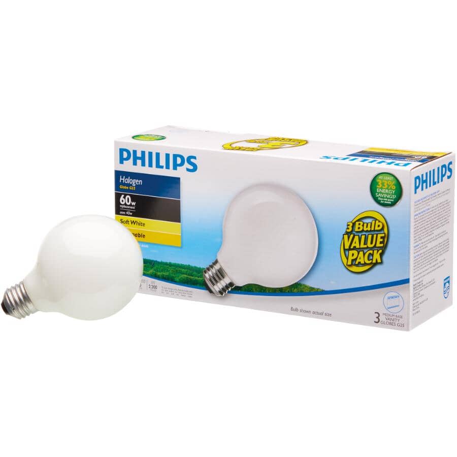 PHILIPS:40W G25 Medium Base Soft White Dimmable Halogen Light Bulbs - 3 Pack