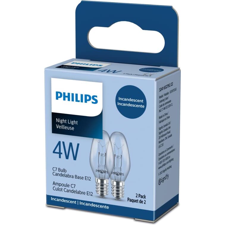 4W C7 Candelabra Base Clear Night Light Bulbs - 2 Pack