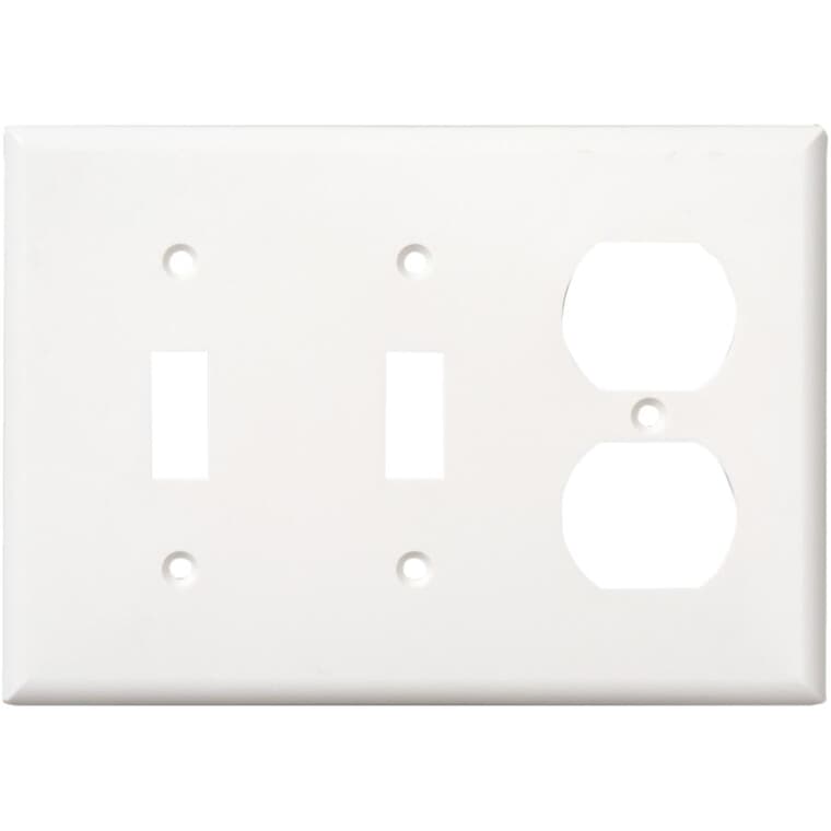 Plaque pour une prise de courant double et deux interrupteurs à bascule, blanc
