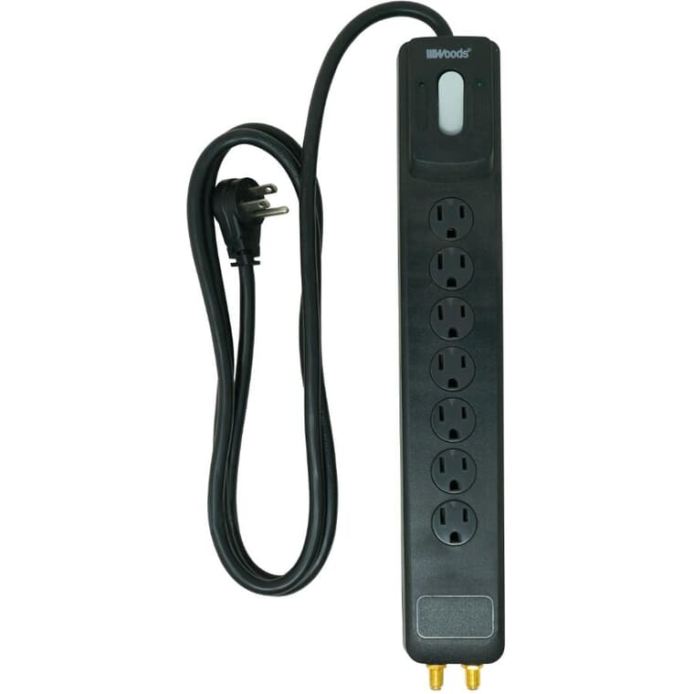 Multi-Media 7 Outlet Surge Protector with 4' Cord & Coax Protection, Black