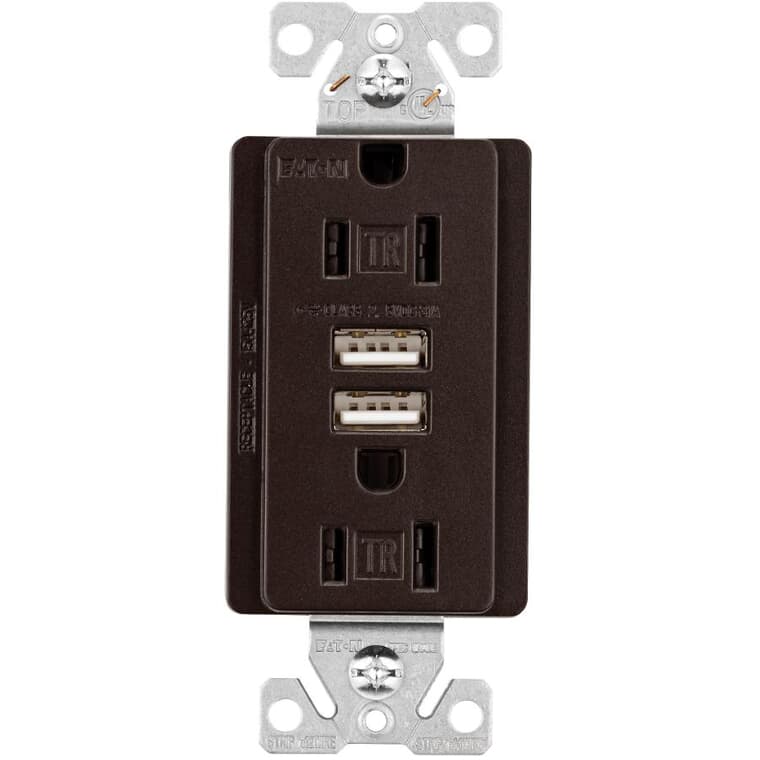 Prise de courant inviolable de 15 A avec deux ports USB de 3,6 A, bronze huilé