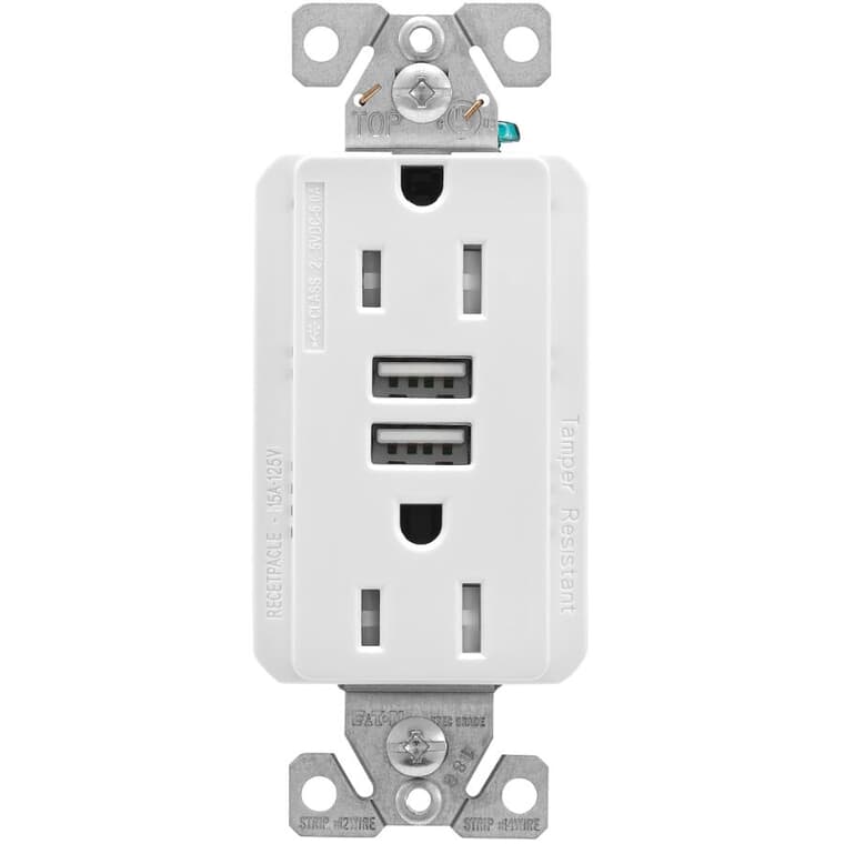 White 5 Amp Dual Port USB Charger with 15 Amp Tamper Resistant Decorator Receptacle