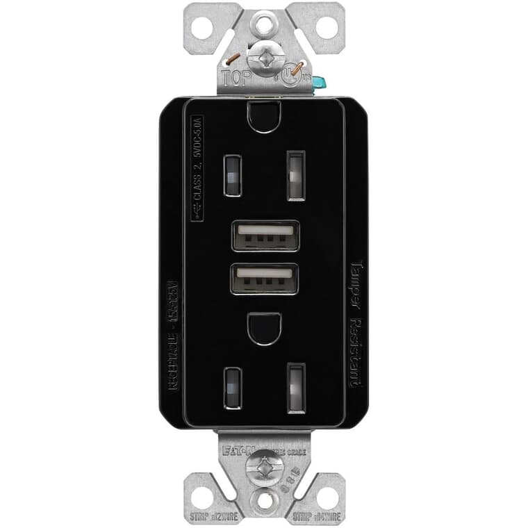 Prise de courant Decora inviolable de 15 A avec deux ports USB de 5 A, noir