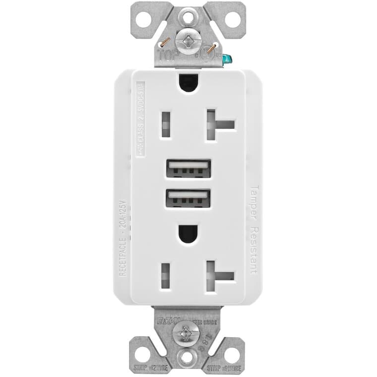 White 5 Amp Dual Port USB Charger with 20 Amp Tamper Resistant Decorator Receptacle