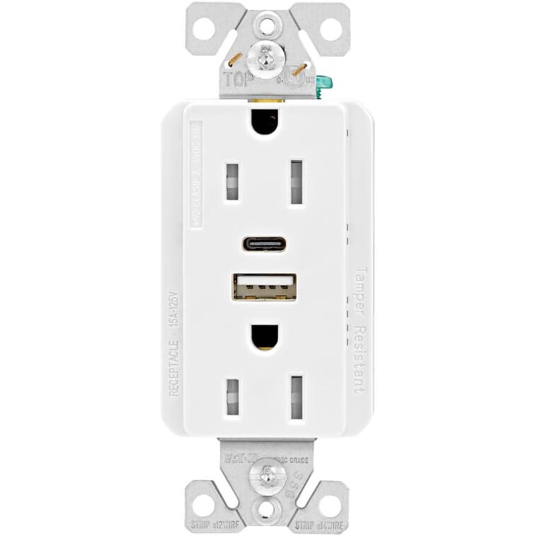 USB A/C Chargers with 15 Amp Tamper Resistant Decorator Receptacle -  5 Amp, White