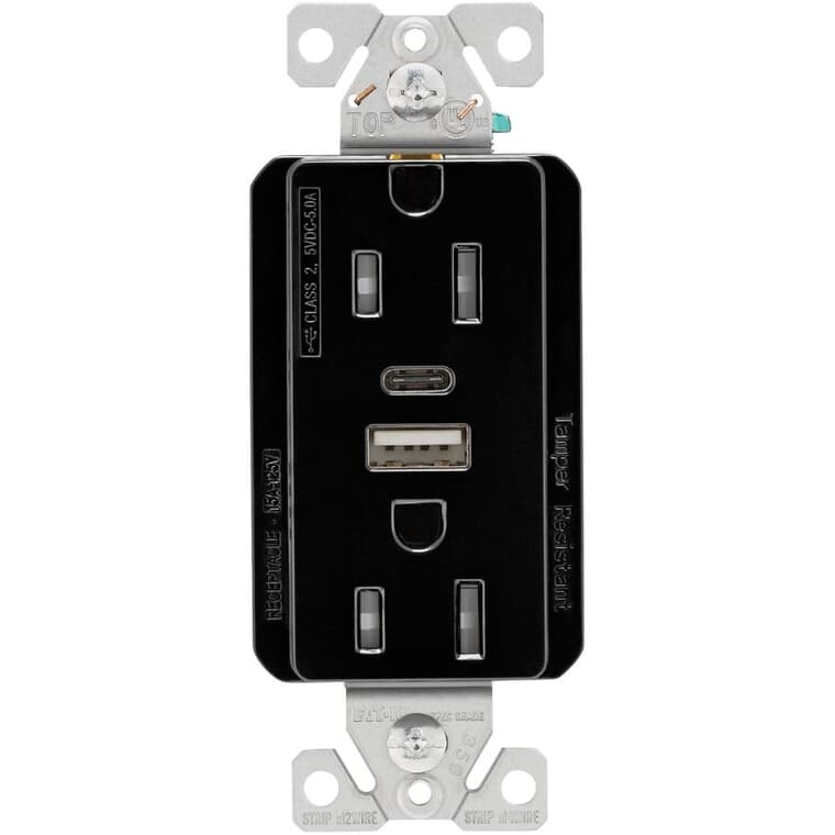 Single Port USB Charger with 15 Amp Tamper Resistant Decorator Receptacle - 5 Amp, Black