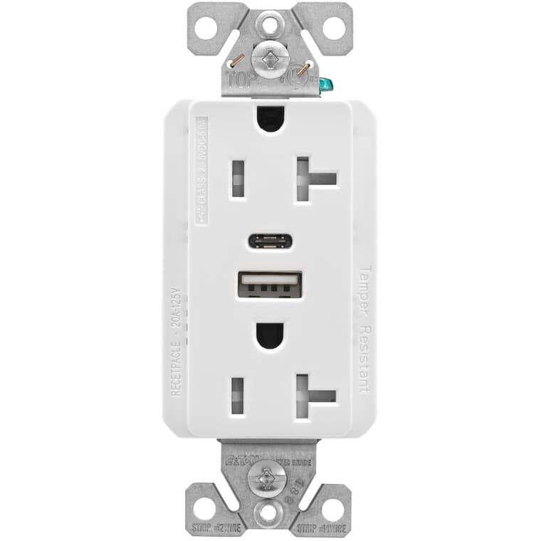 USB A/C Chargers with 20 Amp Tamper Resistant Decorator Receptacle - 5 Amp, White
