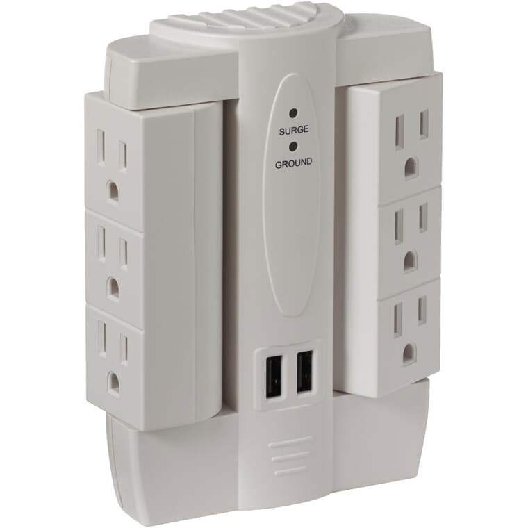 Pivoting 6 Outlet Wall Tap with Surge Protection and USB Ports