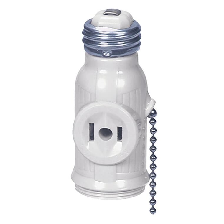 White 2 Wire Pull Chain Socket Adapter with 2 Outlets