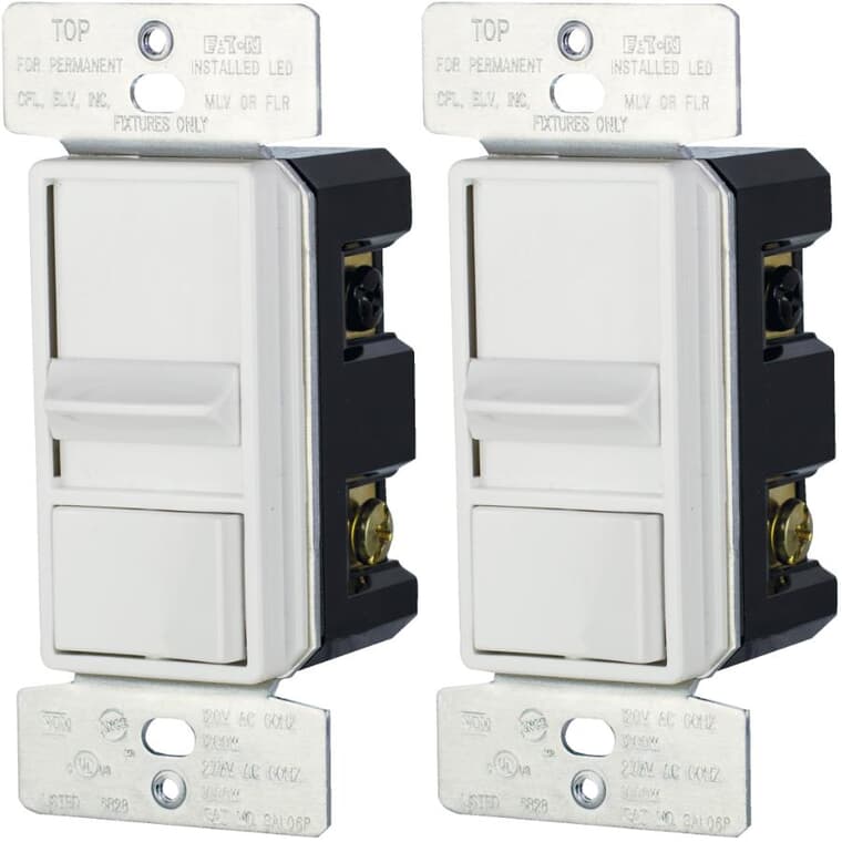 2 Pack 600 Watt Single Pole + 3 Way All Loads White Slide Dimmer Switches with Preset