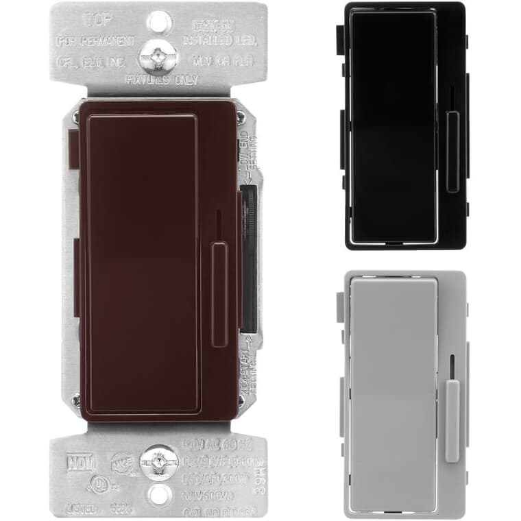Single Pole & 3 Way Decorator Universal Slide Dimmer Switch - with Preset + Black, Grey & Brown Face Plates