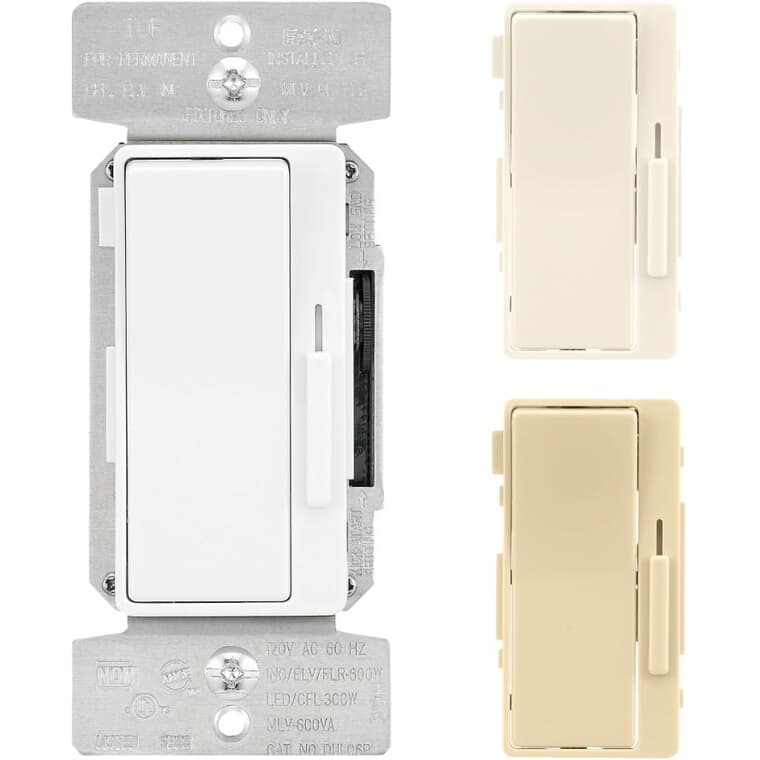 Single Pole & 3 Way Decorator Universal Slide Dimmer Switch - with Preset + White, Ivory & Light Almond Face Plates