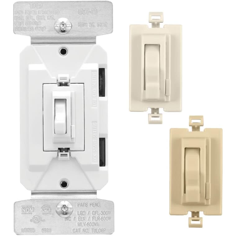 Universal Toggle Dimmer Switch - with Preset + White, Ivory & Light Almond Face Plates