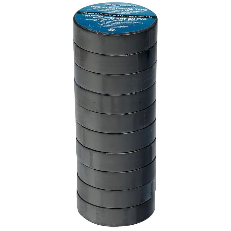 PVC Electrical Tape - Black, 7 mil x 3/4" x 60',10 Pack