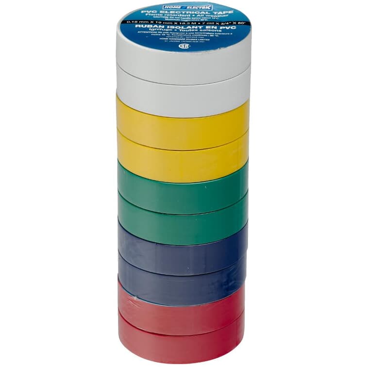 PVC Electrical Tape - Assorted Colours, 7 mil x 3/4" x 60', 10 Pack