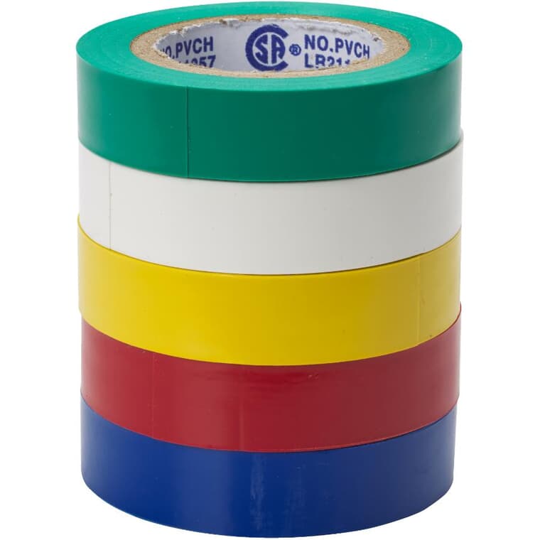 PVC Electrical Tape - Assorted Colours, 7 mil x 1/2" x 20', 5 Pack
