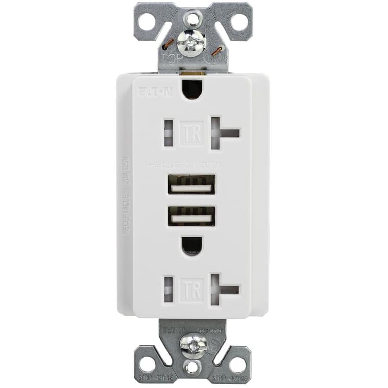 White 3.6 Amp Dual Port USB Charger with 20 Amp Tamper Resistant Decorator Receptacle