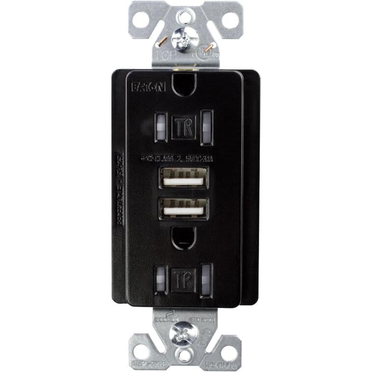 Prise de courant Decora inviolable de 15 A avec deux ports USB de 3,6 A, noir