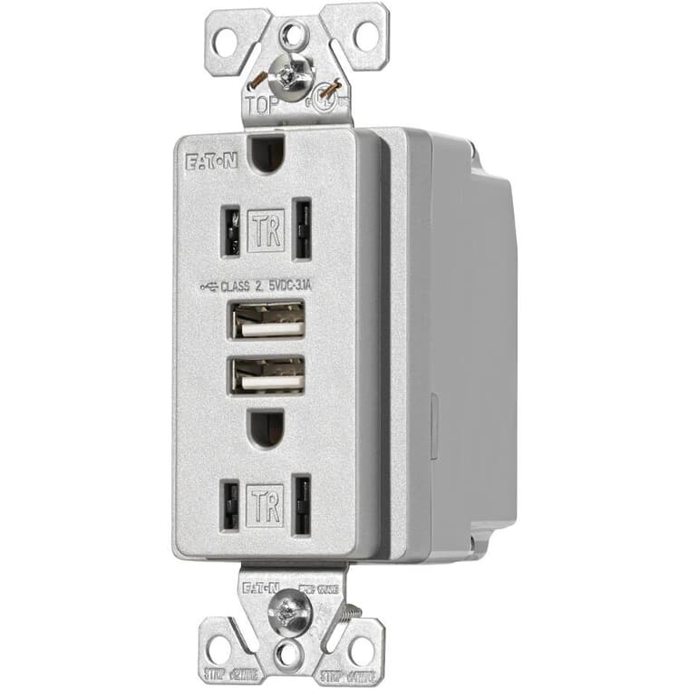 Prise de courant décorative inviolable de 15 A avec deux ports USB de 3,6 A, argent granite