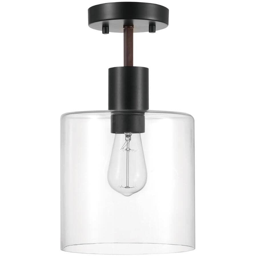 GLOBE ELECTRIC:Sedona Flush Mount Light Fixture - Matte Black with Faux Wood and Clear Glass