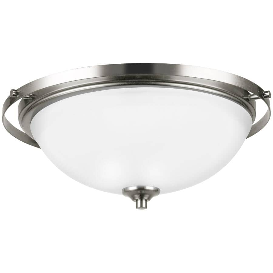 GLOBE ELECTRIC:2 Light Flush Mount Light Fixture - Brushed Steel with White Glass